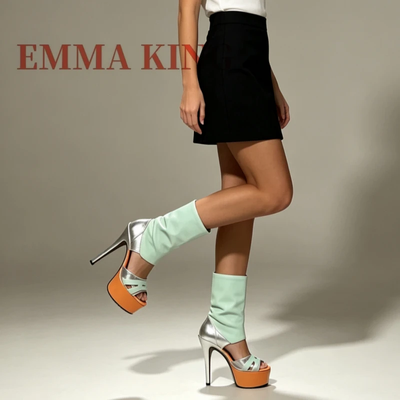 Women's Peep Toe Platform Ankle Boots, Trendy Patchwork Heeled Sandal Booties,Stylish Summer Thin Heel Ankle Booties Big Size 45