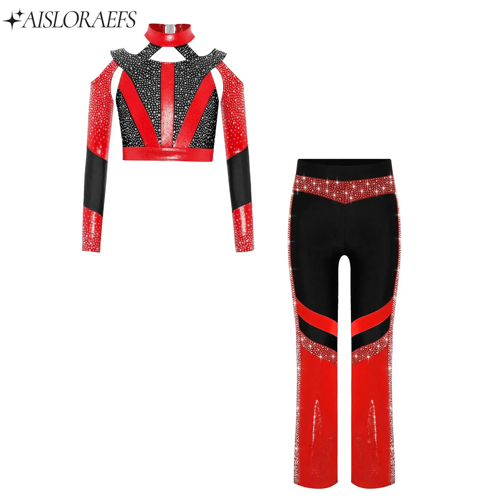 

Children Girls Acrobatics Gymnastics Figure Skating Dance Costume Outfit Long Sleeve Crop Top Flared Pants 2-piece Dancewear Set