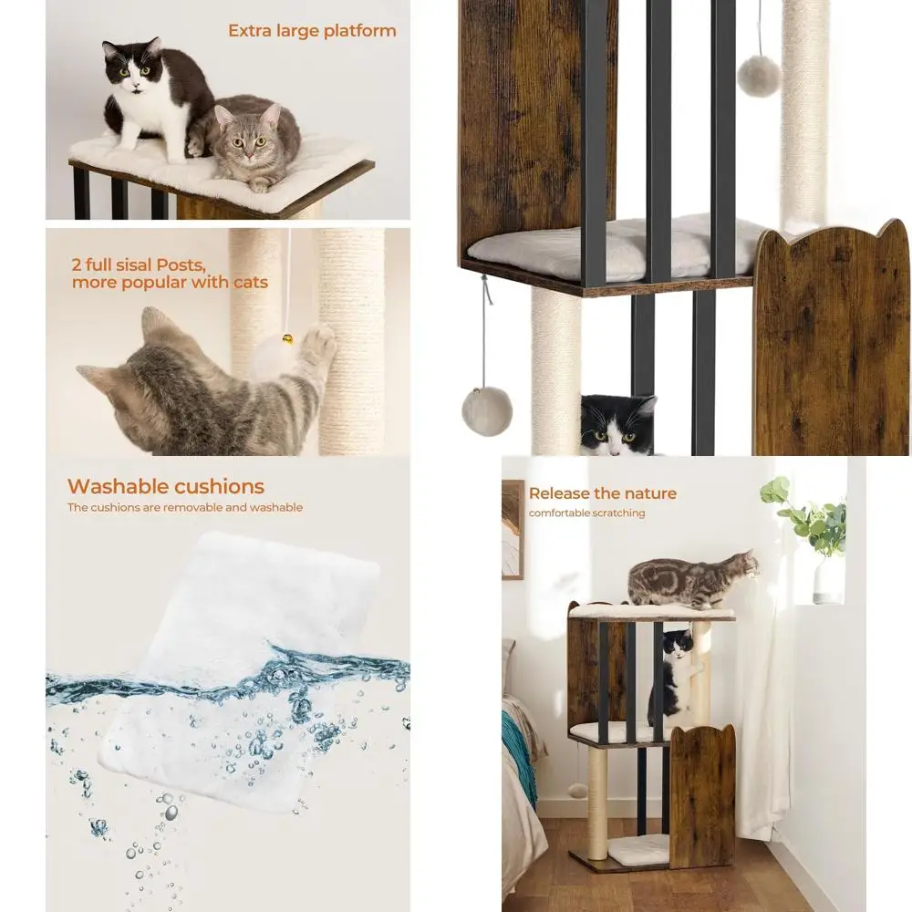 

35.4 3-Level Modern Cat Tower with Scratching Posts, Large Base, Rustic Brown