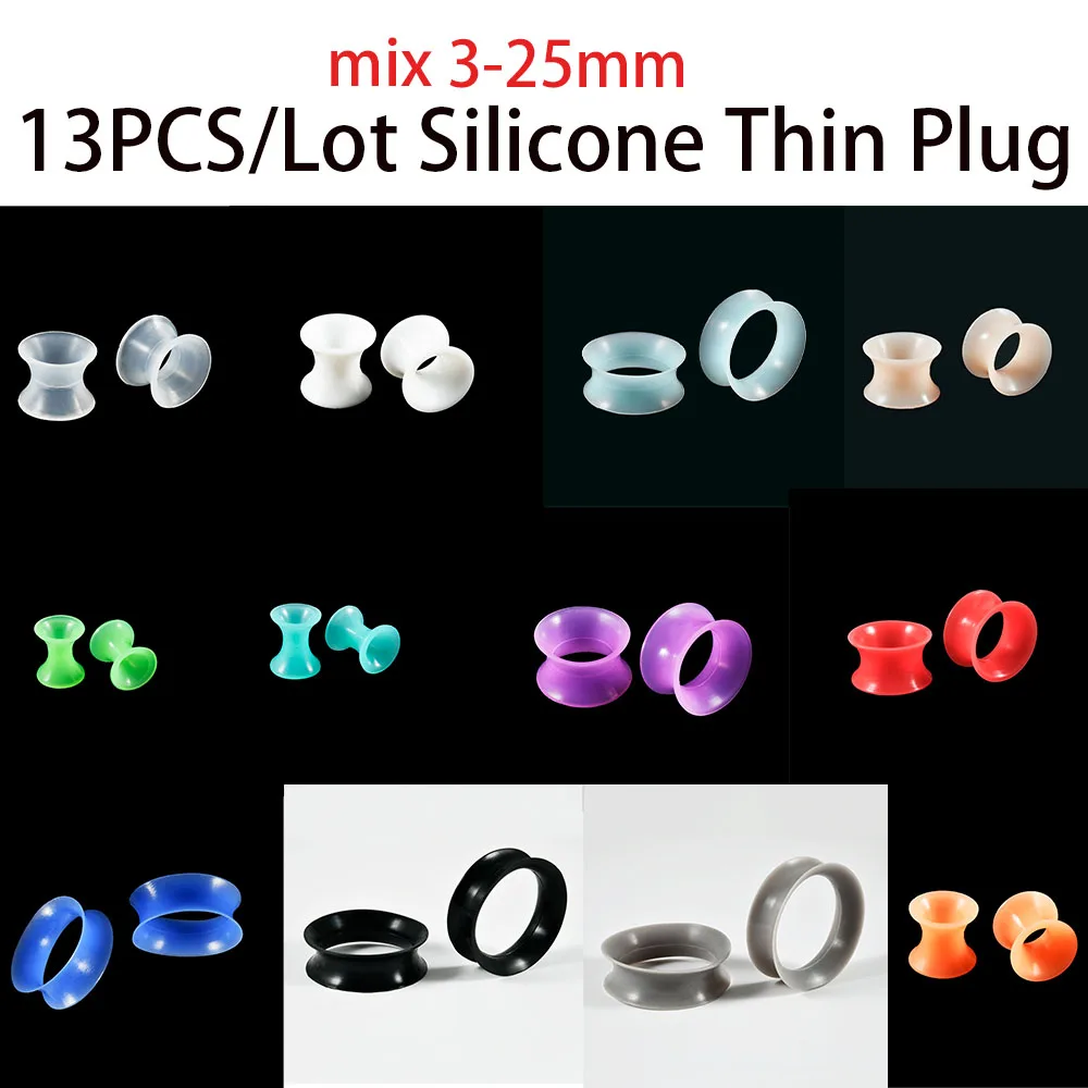 Mix 13 Size Thin Style Silicone Flexible Double Flared Flesh  Ear Tunnel Plugs Gauge Expander Stretchers Piercing Jewelry 3-25mm