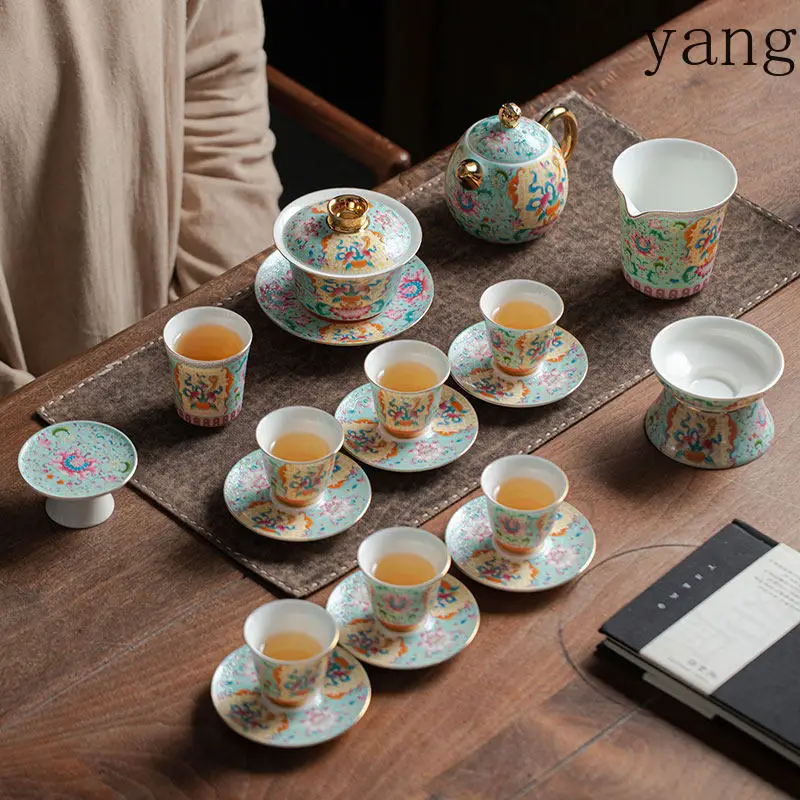 LMM Handmade Enamel Color Kung Fu Tea Set Household High-end Light Luxury Court Style Tea Pot Lid