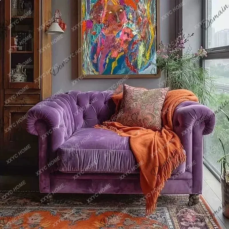 XX Sofa Straight Row Tufted  Vintage Purple Velvet Fabric Hotel Photo Prop