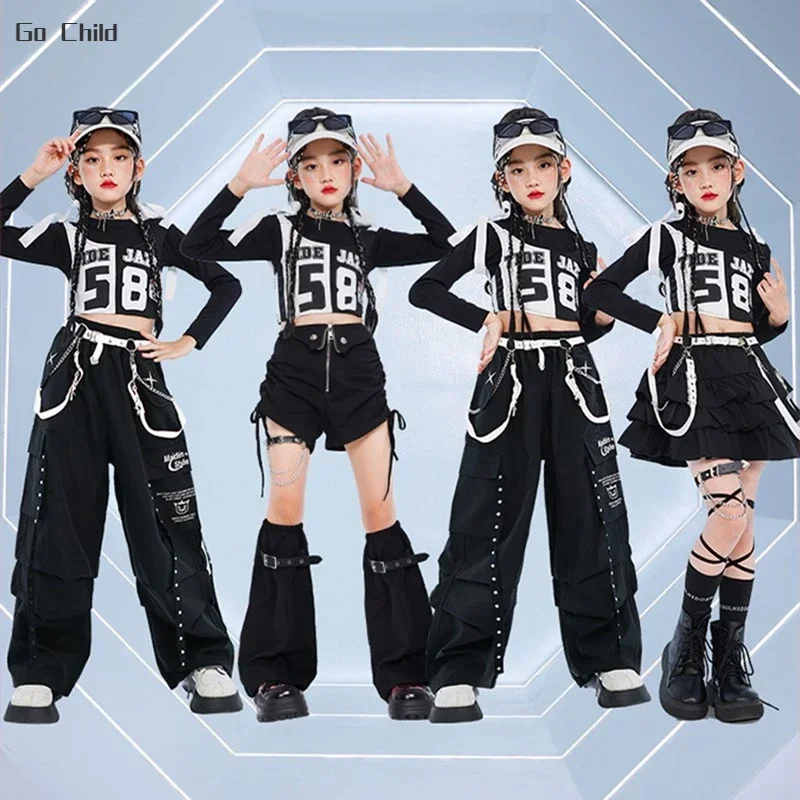 Hip Hop Girls Cool K-pop Crop Top Street Dance Cargo Pants Kids Streetwear Skirts Children Jazz Costumes Girl Group Clothes Sets