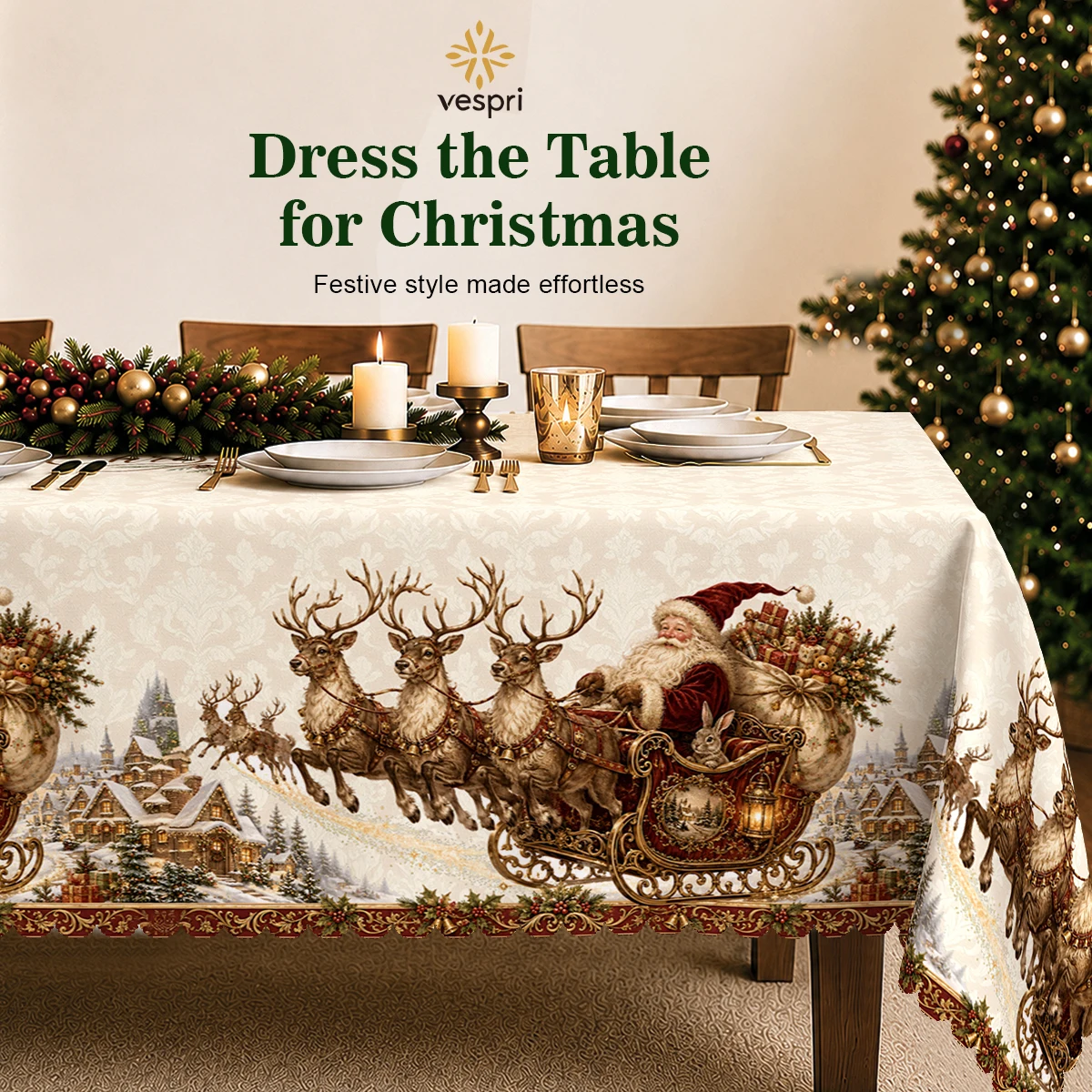 Farmhouse Tablecloth with Tractor, Santa Sleigh & Reindeer for Indoor/Outdoor Camping decor, Rectangular/Round/Oval