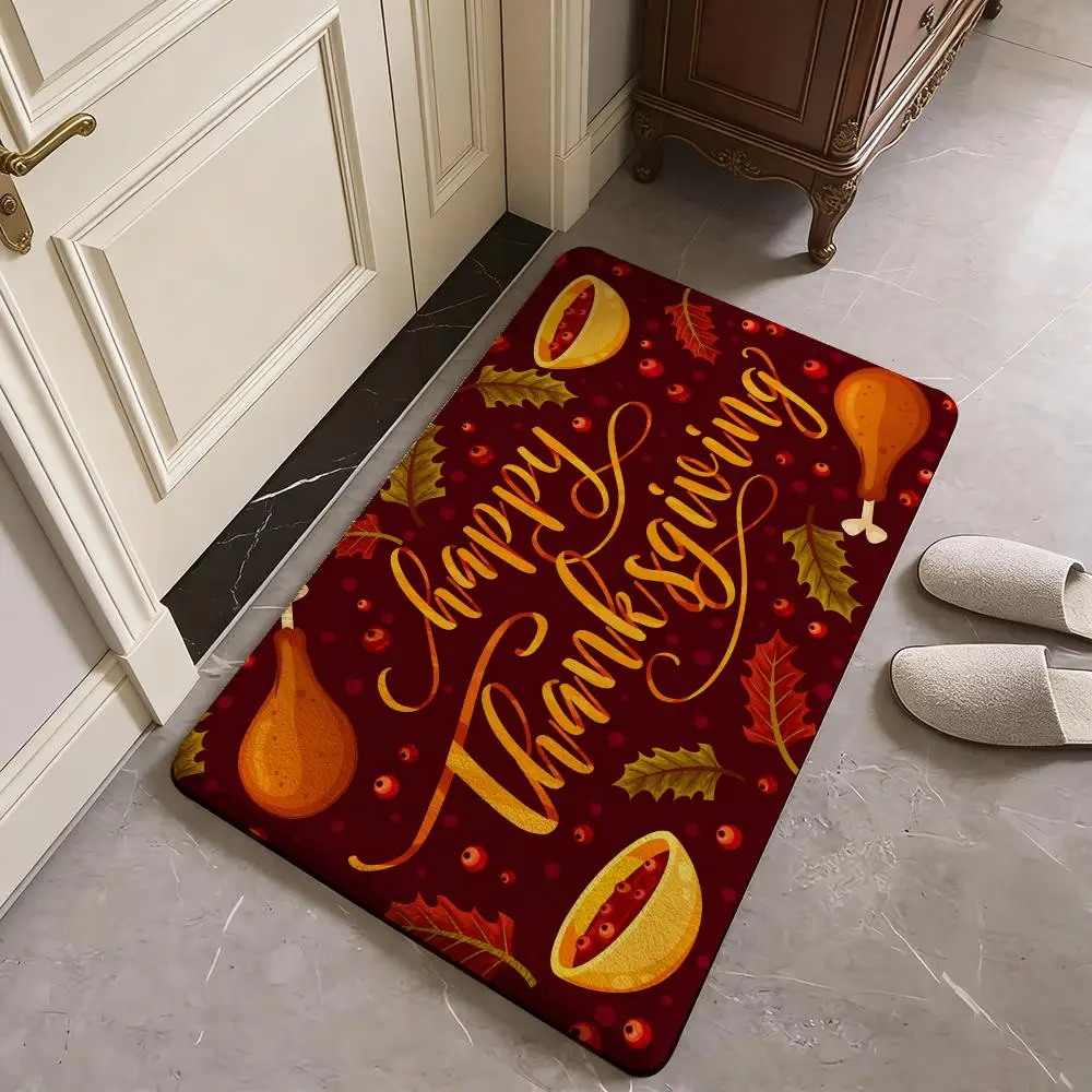 pretty happy Thanksgiving Festival Floor Mat Flannel Door Mat Non-Slip Absorbent Washable Indoor Home Rug