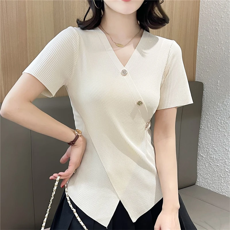 Women Korean Fashion Elegant Asymmetrical Slim Rib Knit T-shirt Summer Y2K Female Casual V Neck Short Sleeve Basic Pullover Tops