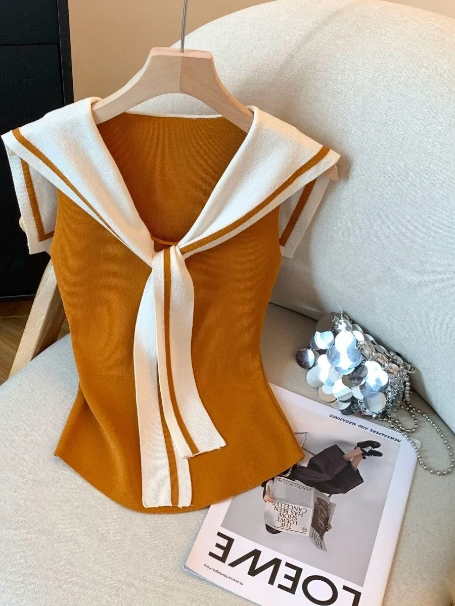 Ice Silk Knitted Short Sleeve T-Shirt Women Summer Color Block Sleeveless Vest Slim Fit Shoulder Shawl Top Korean Style Commute