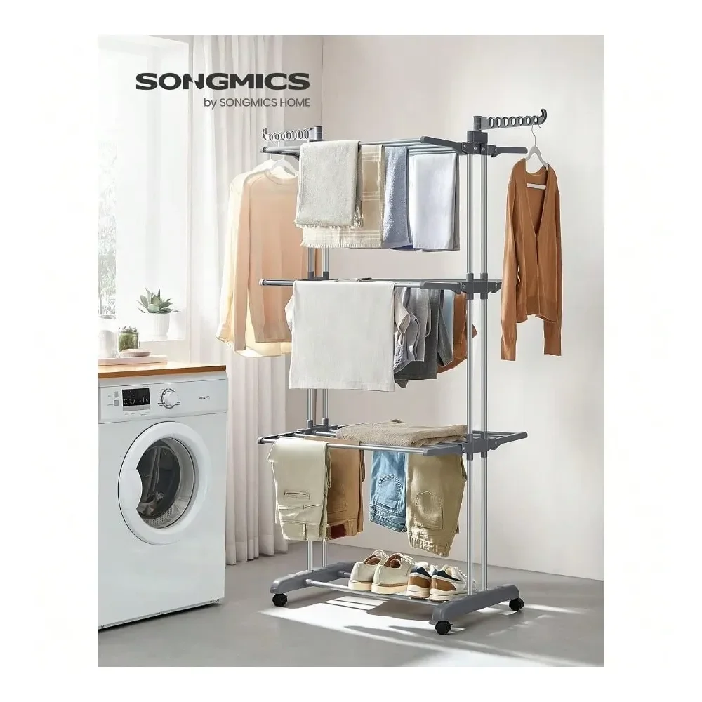 

Clothes Drying Rack Stand 4Tier, Foldable Laundry Drying Rack 67.7Inch Tall, Steel, Rolling Clothes Horses Dryer Rack, Easy To A