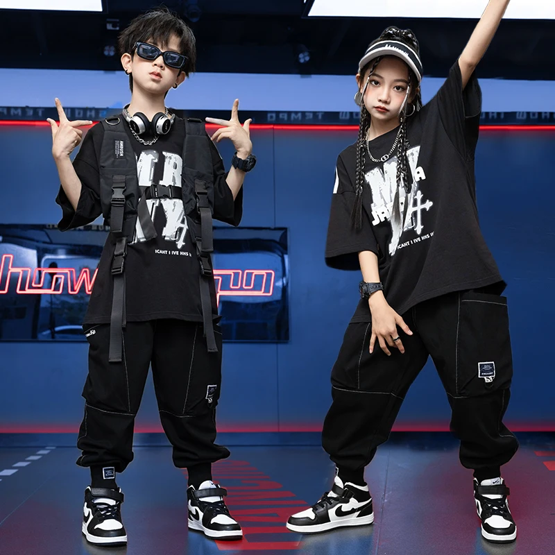 子供のkpopヒップホップトップとパンツ、ヒップホップウェア、特大Tシャツ、黒のカジュアルジョガー、ジャズ衣装、ストリートダンス服、女の子と男の子