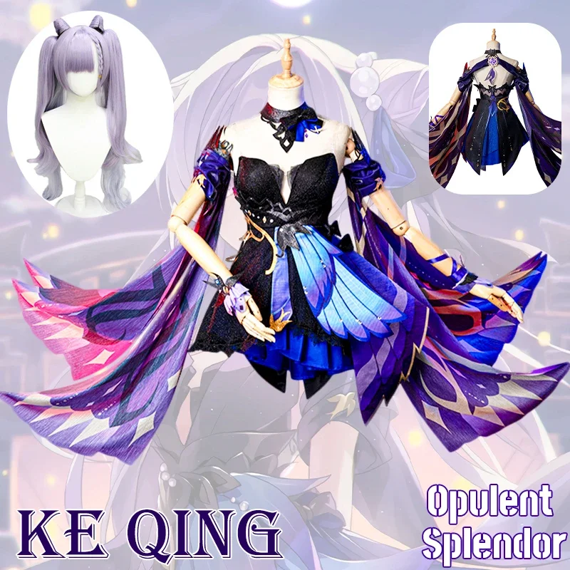 High-quality Opulent Splendor Genshin Impact Keqing Cosplay Costume Uniform Wig Anime Chinese Style Halloween Costumes Game