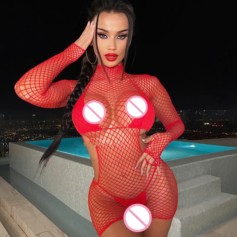 Sexy Women's Bodycon Mini Dress Red Fishnet See Through Backless Clubwear Elastic Ladies Party Club Dress Beach Bikini Cover Up