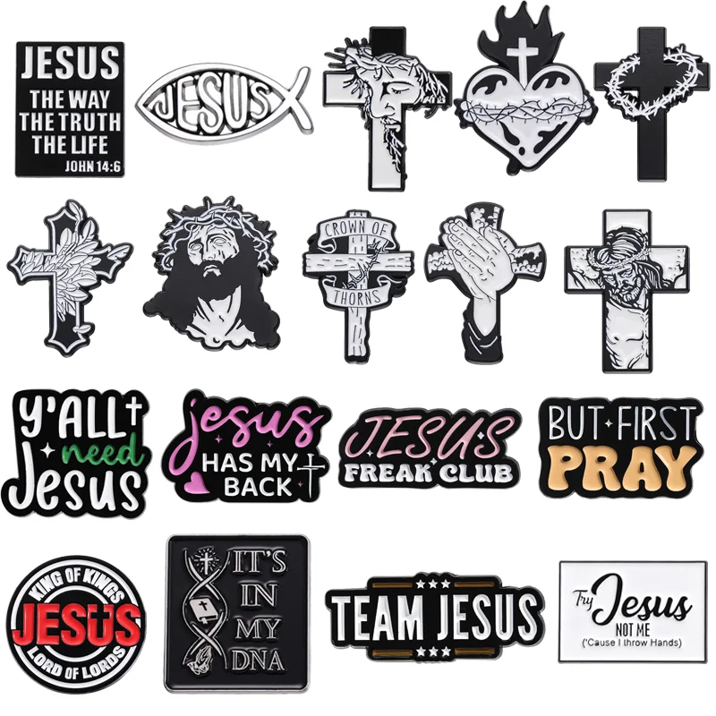 28styles Jesus Cross Enamel Pins Christian Clothing Decorative Brooches Jesus Fish Lapel Badge Backpack Cap Jewelry Accessories