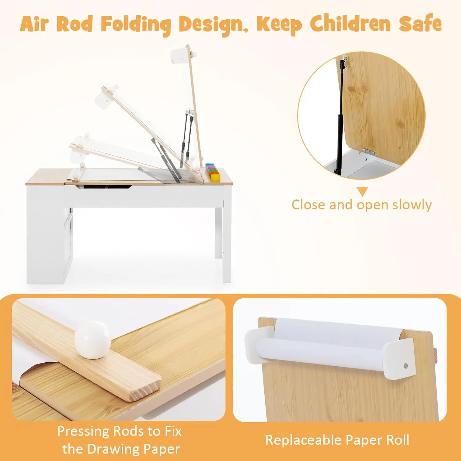 INFANS-Juego de mesa y silla de arte para niños, 3 en 1, escritorio de actividades de madera para juegos artesanales para niños pequeños con 2 sillas, contenedores de lona de almacenamiento, rollo de papel