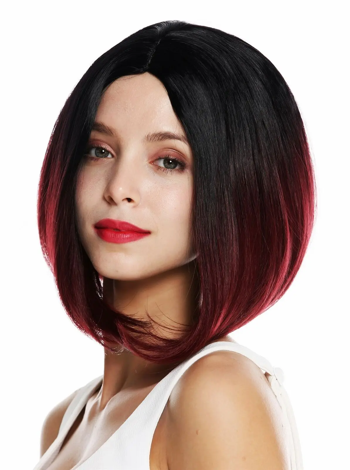 Женский парик Short Bob Longbob Center Top Smooth Ombre Black Red- Женский парик Short Bob Longbob Center Top Smooth Ombre Black Red-
