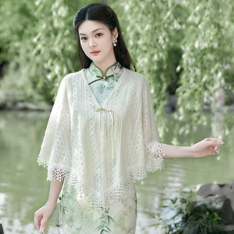 

Офисная вязаная накидка-шаль для женщин, ажурная, с бахромой, модная, белая, тонкая, летняя, из полиэфирного волокна