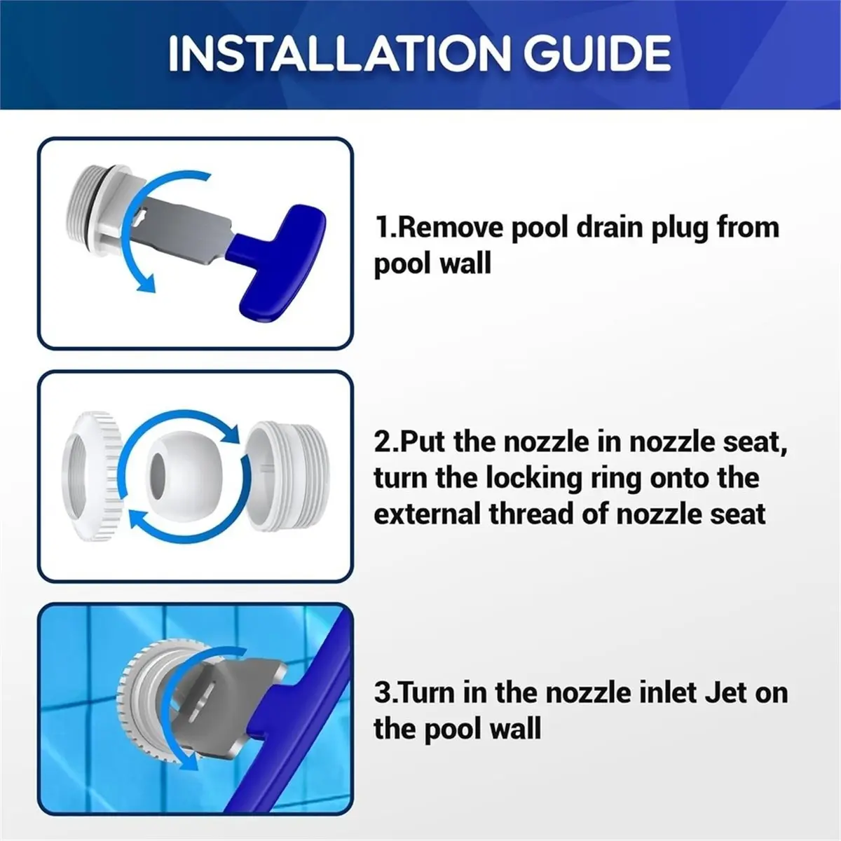 Multi-use Gear Pool Inlet Fitting Kit, Inlet Nozzle, Threaded Drain Plug, Inlet Grille & Removal Tool, Swimming Pool Accessories