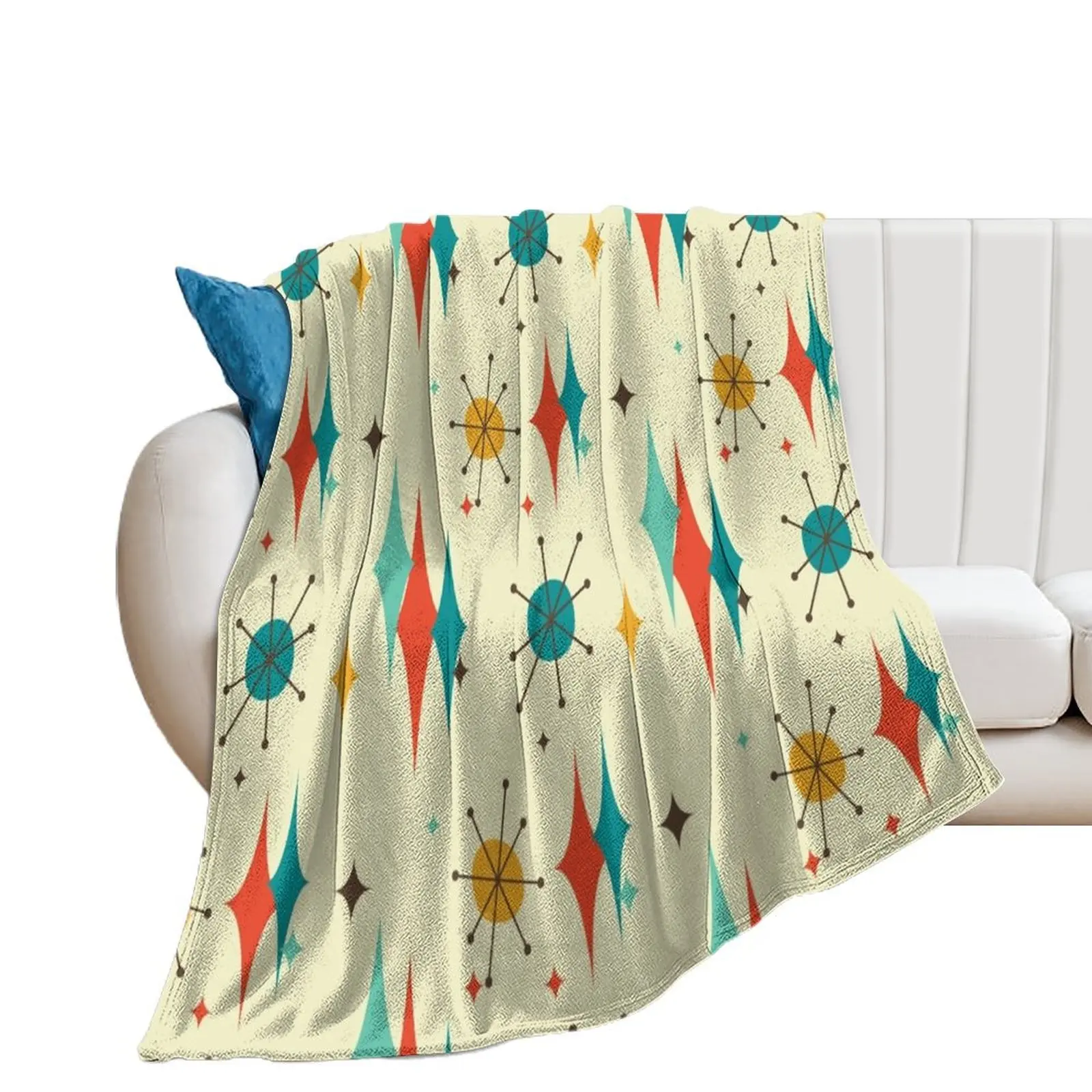 Retro Atomic Burst and Diamonds Mid Century Modern in Orange, Blue & Cream Throw Blanket Loose Personalized Gift Plush Blankets