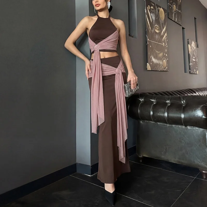 

2026 Spring New Women's Ribbon Sexy Backless Halter Top Hips-covered Slim Long Dress Set