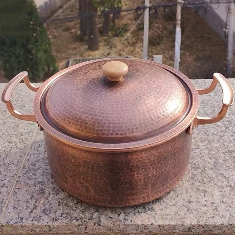 Vintage Copper Pot,Outdoor Camping Thickened Pot With lid Cooking Utensil Simmering Pasta Stewing,Handcrafted Hammer Texture Pot