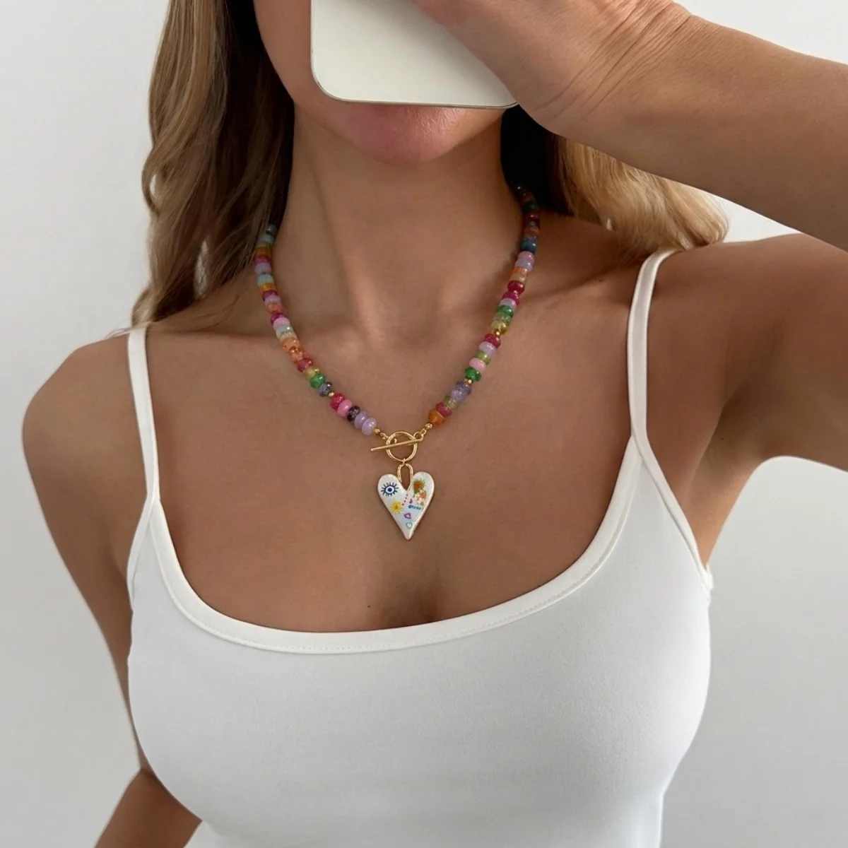 Dopamin Bunte Glas-Flachperlen Graffiti-Blumen-Herz-Anhänger Halskette für Frauen Männer Y2K Vintage OT-Schnallen-Choker Schmuck – Detail 23