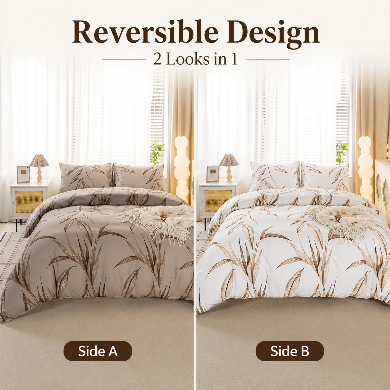 3Pcs Reversible Duvet Cover Set Brown Leaf Botanical Bedding Set Soft Boho Bed Cover with Pillowcases Queen King Twin Full