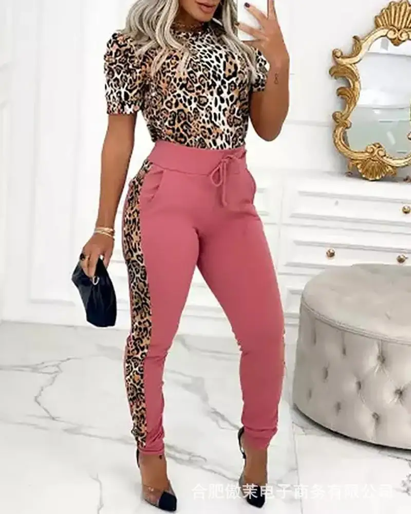 

Women's Summer Wear European and American Leopard Print Patchwork Short Sleeved and High Waisted Pocket Long Pants Set