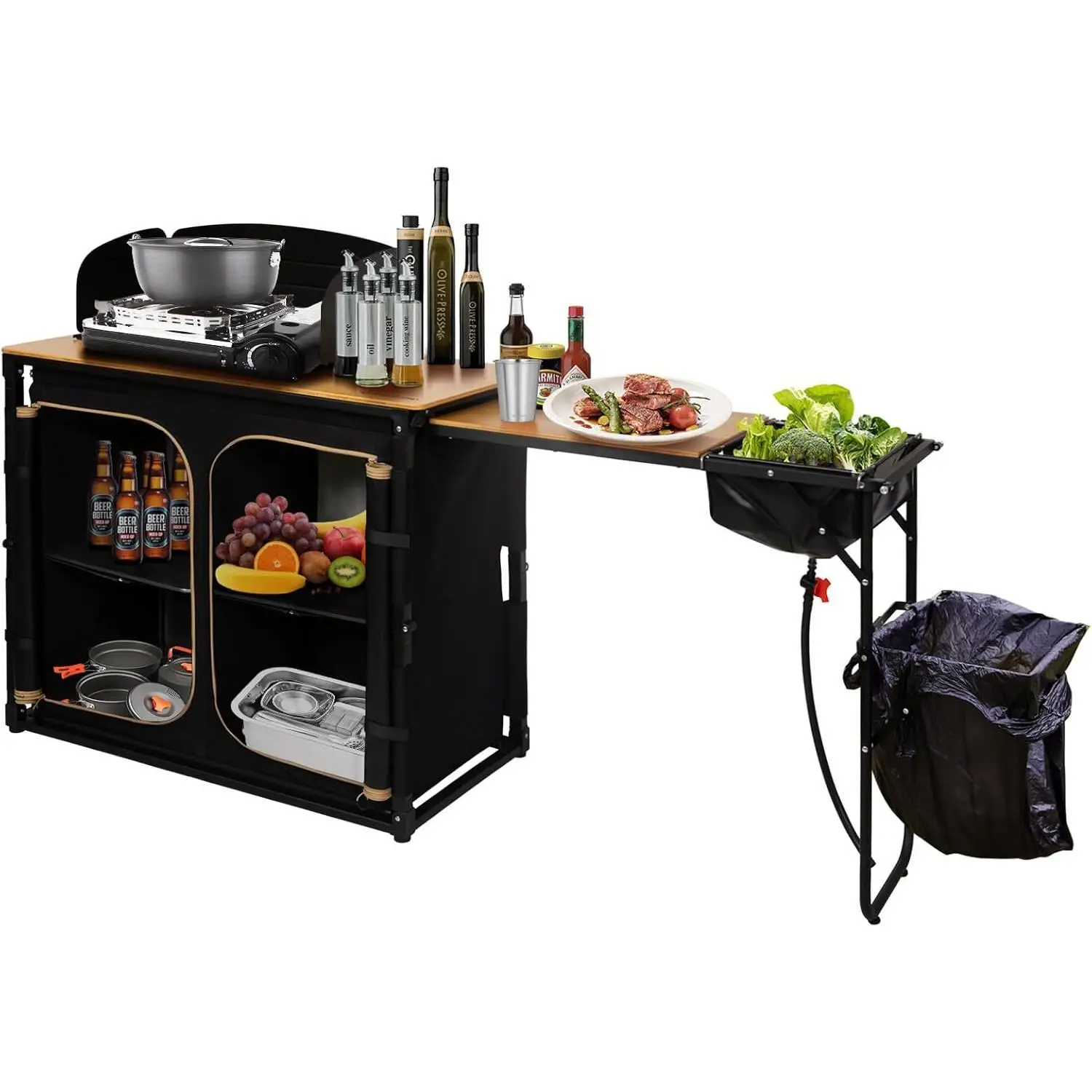 

Bamboo Camp Kitchen Station, Folding Overland Camping Kitchen Table Hooks Portable Outdoor Cooking with Adjustable Lantern