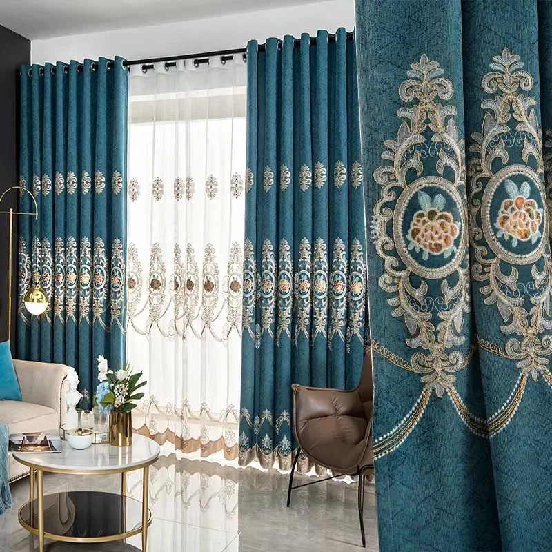 

European Style New Thickened Chenille Luxury Embroidered Blackout Window Curtains for Living Dining Room Bedroom Villa Hotel