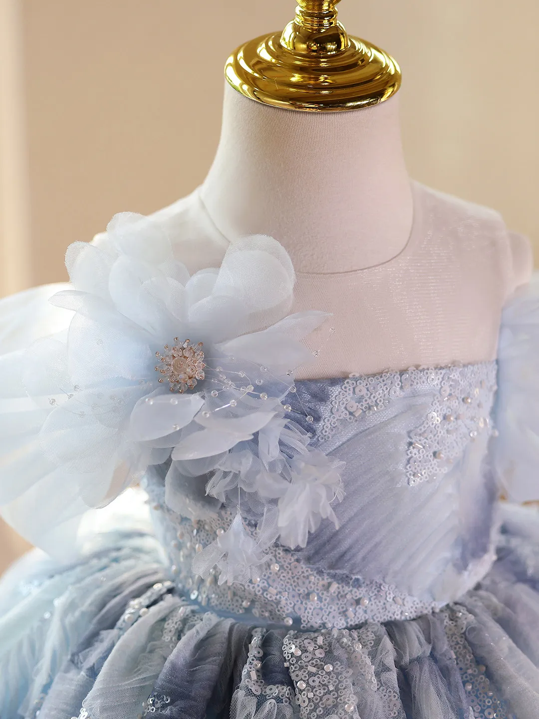 Gradient Blue Textured Tulle Sequin Flower Girl Dress Wedding Gown for First Christmas Kids Birthday Party Princess Outfit