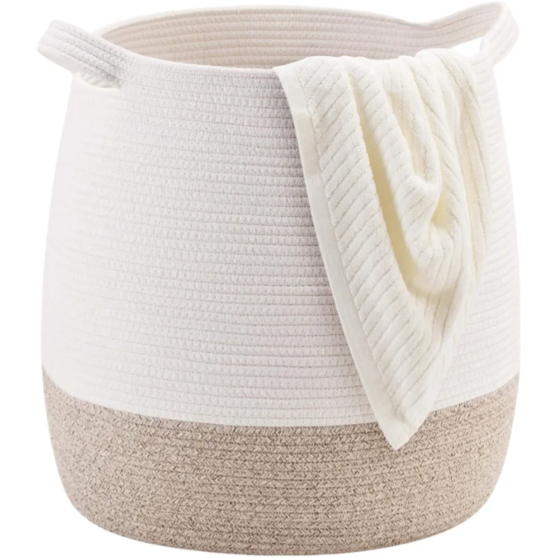  Large 17 x 17 Inches Decorative Woven Cotton Rope Blanket Basket for Living Room, Laundry Basket Hamper, Storage Baskets