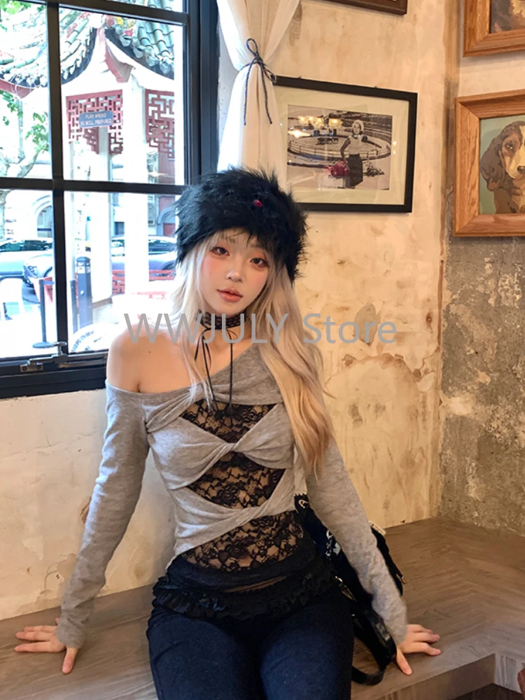 Autumn Sweet Lace Slim Tops Y2k E-Girls Kawaii Hollow Tops Long Sleeve Korean Fashion T Shirts Harajuku Elegant Clothing Chic