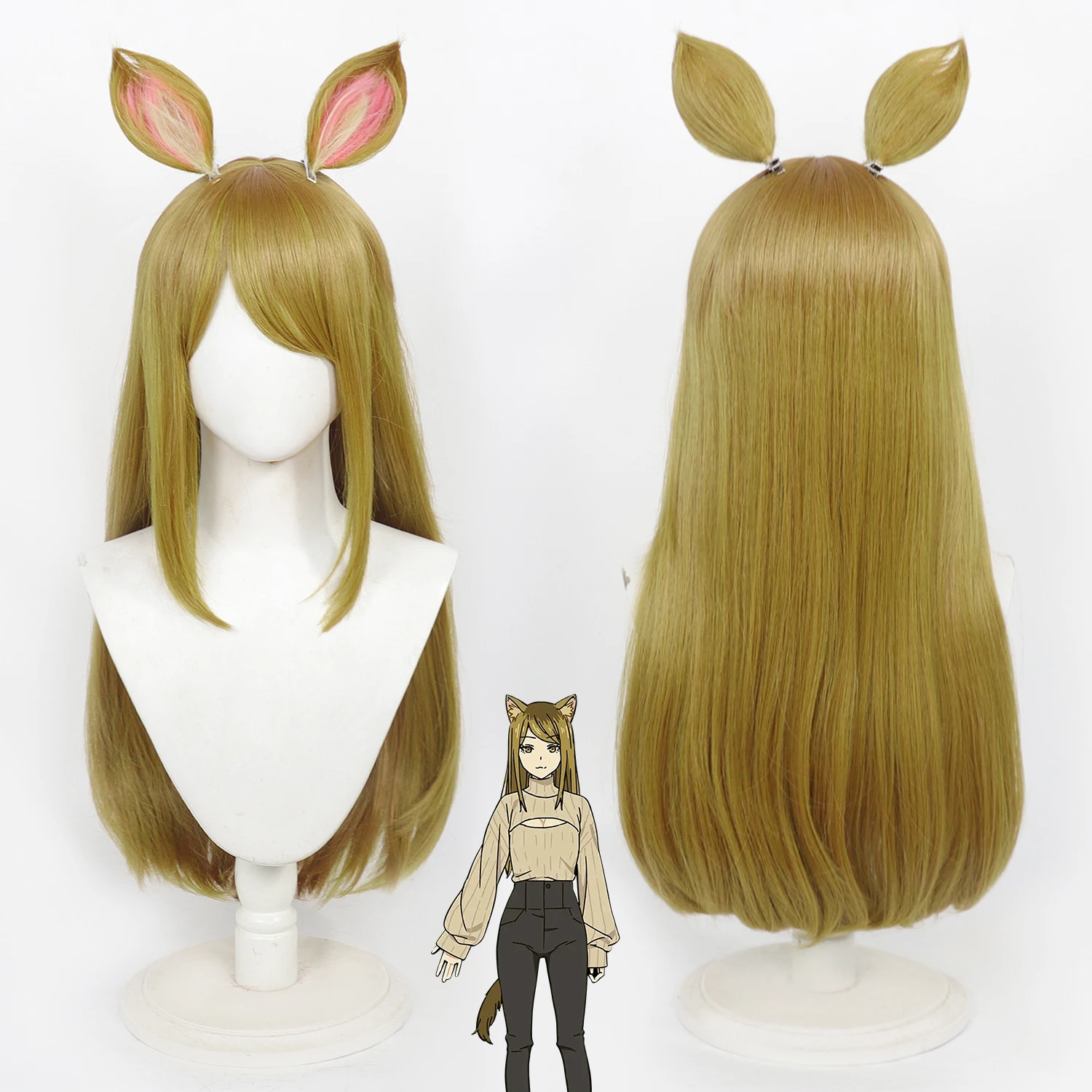 Kansai Neko Cos Wig,Light Brown Long Synthetic Hair Wig With Detachable Cat Ears And Tail For Anime Cosplay