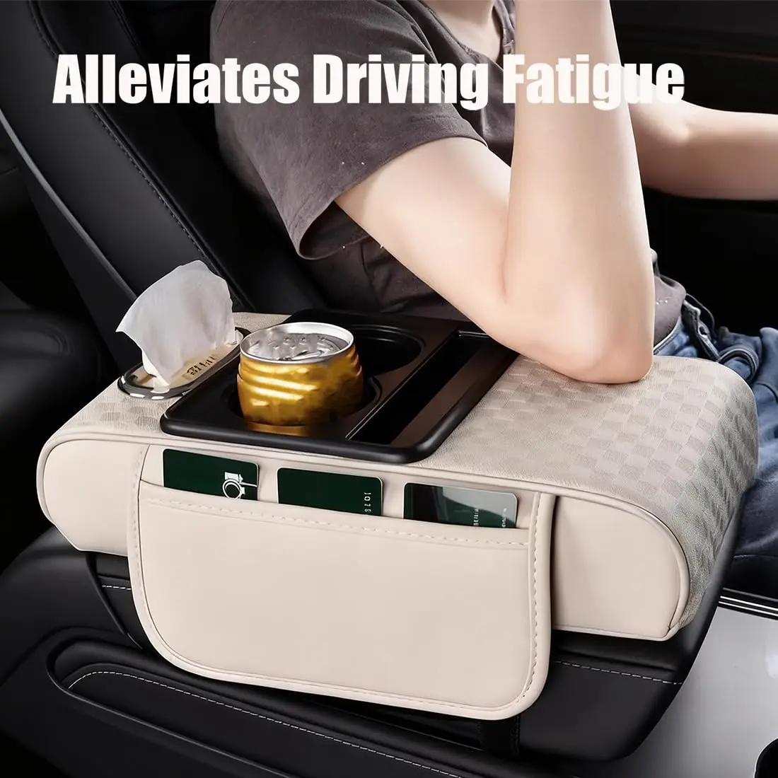 Almofada de Apoio de Braço para Carro com Porta-Copos, Almofada Multifuncional de Couro PU para Console Central, Organizador de Armazenamento Automotivo para Apoio de Braço