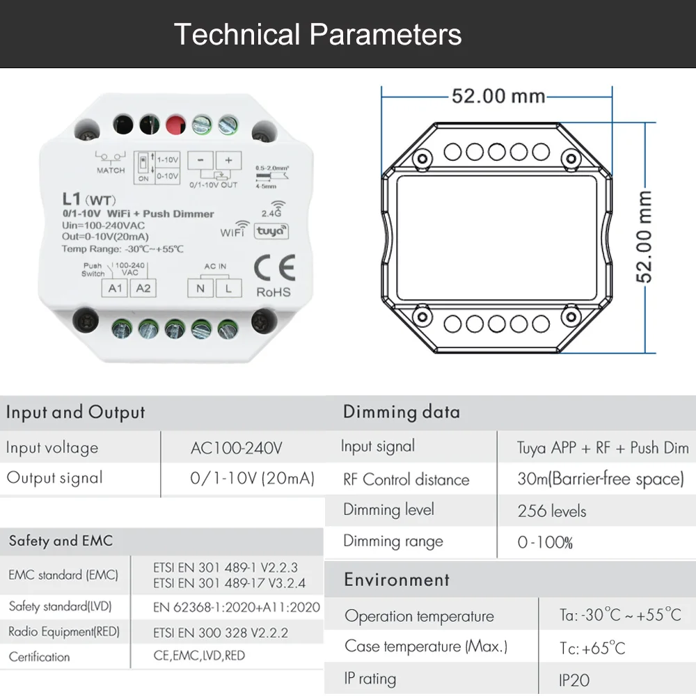 0/1-10V WiFi LED Dimmer AC Push Switch 110V 220V Smart Life APP controllo vocale telecomando dimmerabile a 4zone per Alexa Google Assistant