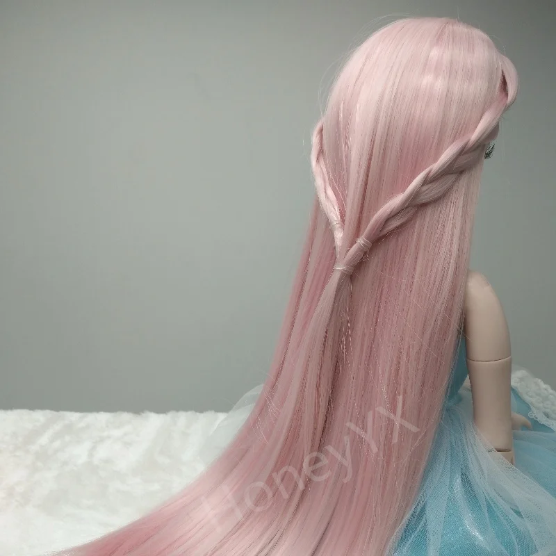 Bjd SD Doll Wig Pink Long Straight Syethetic Fiber Middle Part Full Bangs Hair For 1/3  Doll Wig Accessories