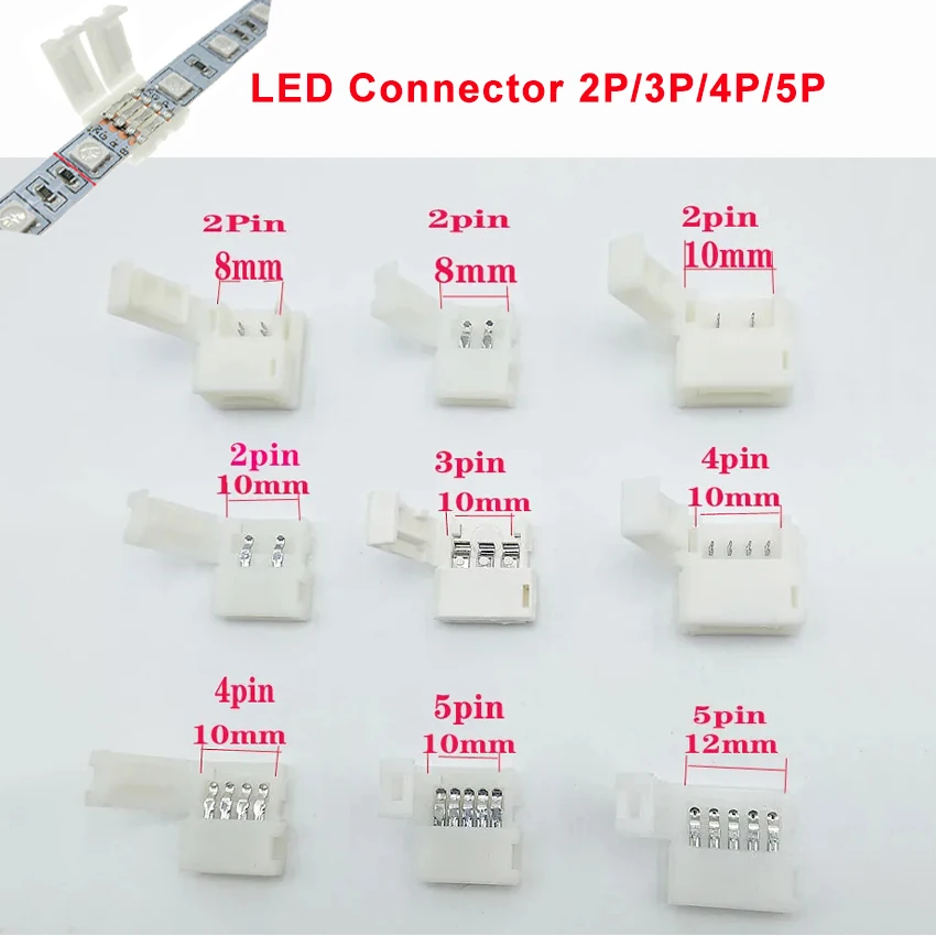 

5Pcs/Lot LED Connector 2Pin 3Pin 4Pin Solderless For 8mm 10mm 5050 3528 ws2811 ws2812b 5630 5730 Smd LED Strip