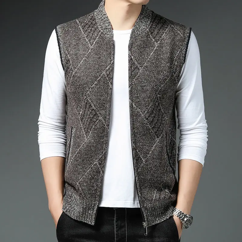 Men's Fashion Striped Knit Varsity Jacket Slim Fit No Sleeve Cardigan Vest Outerwear Autumn Winter Layering Top