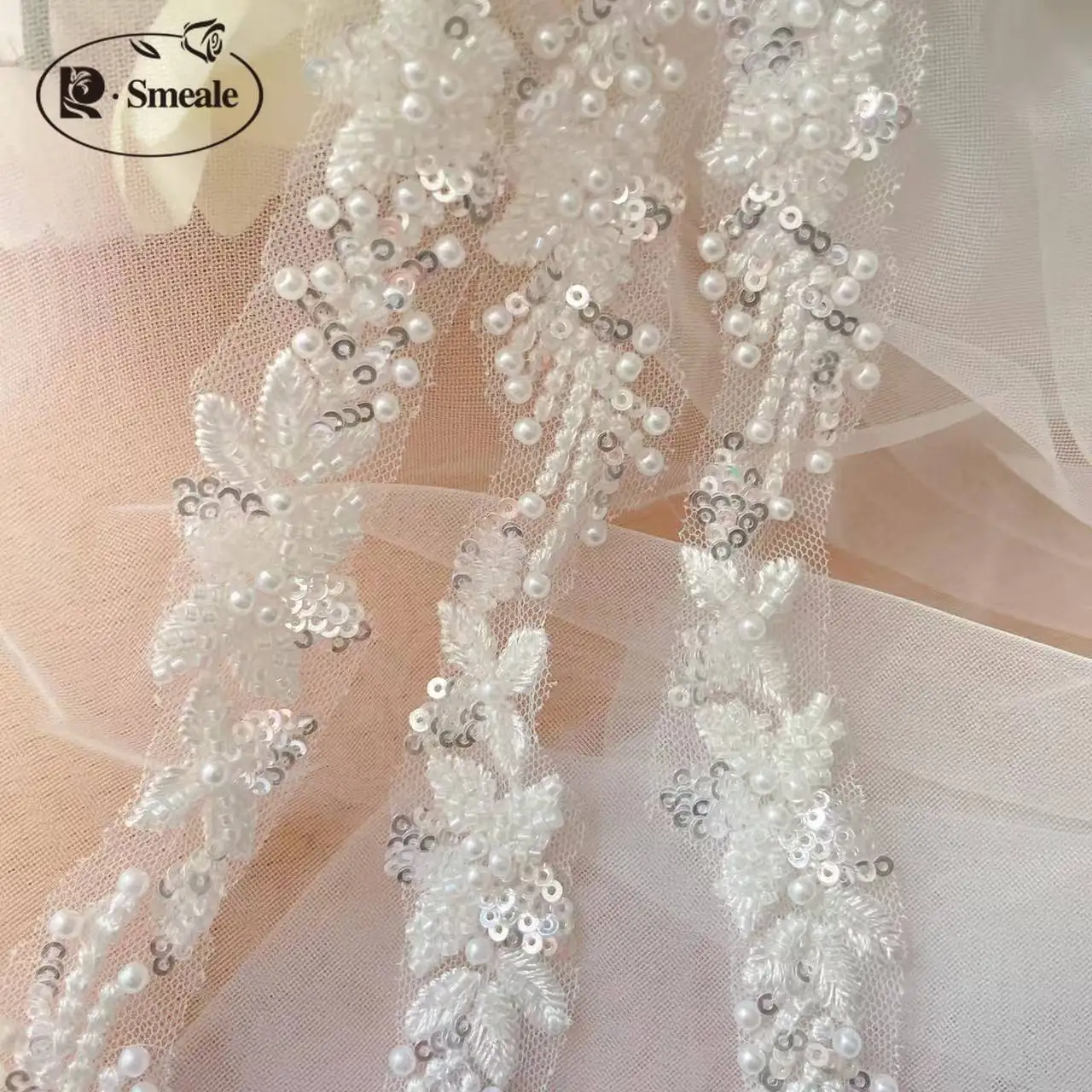 3 Yards/Packung Hochwertige weiße Perlenstickerei-Spitze, Kopfschleier, Hochzeitskleid, Dekorationszubehör, handgefertigte Spitze für DIY. – Detail 5