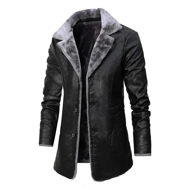 

Pop 2025 Autumn Winter Fashion Men’s Turn-down Collar Long Sleeve Solid Color Casual Trendy Breasted Faux Leather Jackets Male C