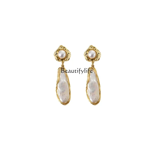 Fresh Water Baroque Pearl Earrings, Golden Earrings, Autumn and Winter, High Sense