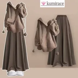 Single Piece/set Female Student Pleated Skirt Solid Color Knitted Sweater High Waist Wide Leg Pants Skirt Two-piece Setshort Set