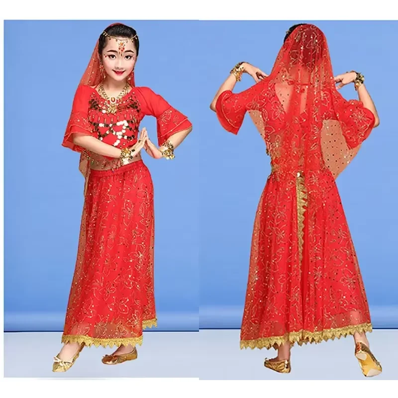 4PCS Girl Belly Dance Costumes for Children Belly Costumes Skirt Set Girls Bollywood Dancing Dress Kid Indian Stage Dance Suit