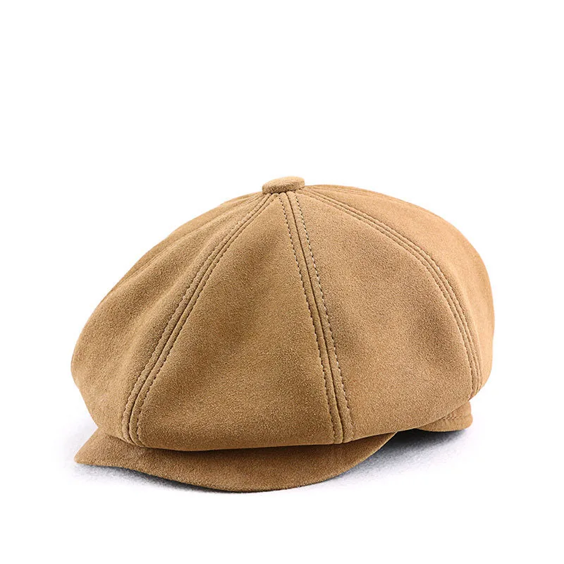 Genuine Sheepskin Suede Autumn Winter Gentry Cap For Men British Style Fine Cutting Top Grade Octagonal Cap Leisure Beret Caps