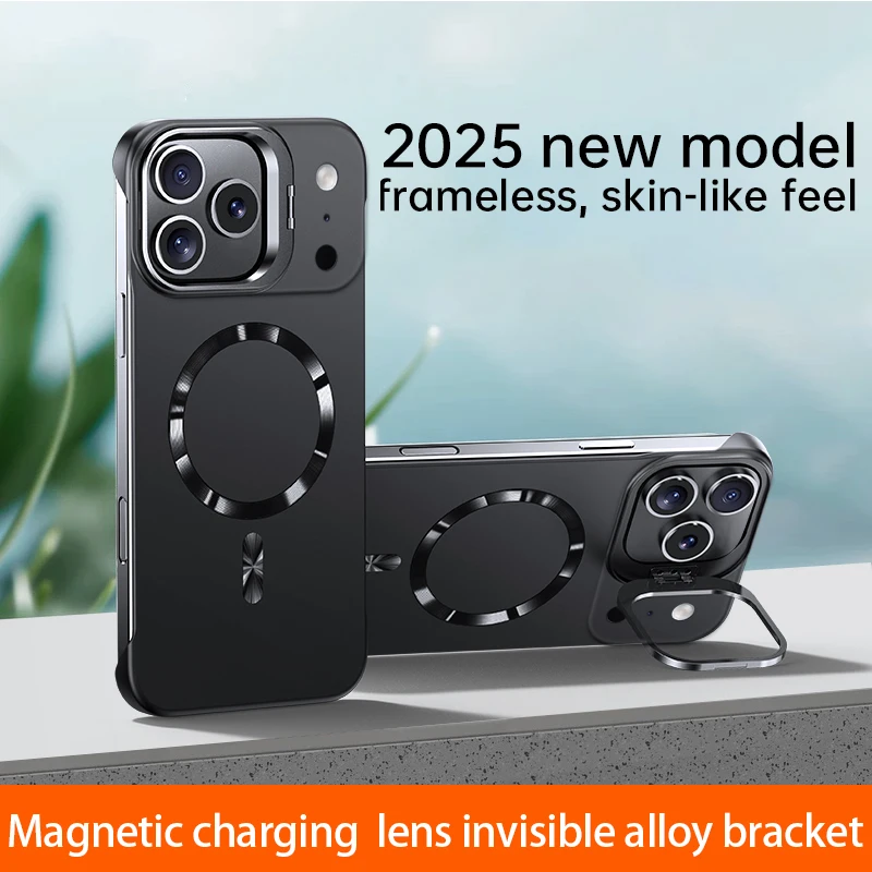 Ultra-Thin Magnetic Phone Case For iPhone 17 16 15 Pro Max 13 14 Alloy Invisible Bracket Wireless Charge Shockproof Cover Funda