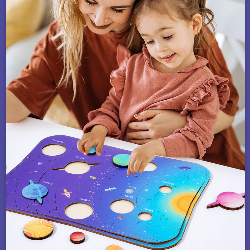 

Montessori Children Wooden Space Planet Puzzles Toys Kids Science Planet Matching Game Jigsaw Tray Early Education Learning Aids