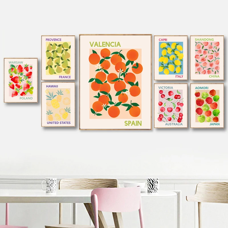 Kitchen Art Prints Fruit Market Posters Lemon Cherry Orange Pear Vintage Pictures Canvas Painting Dining Room Wall Decoration