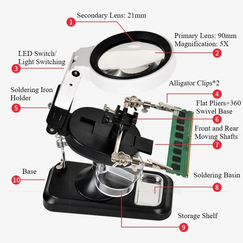 5X Desktop Handheld 2-in-1 Magnifier Rechargeable with 32Pcs LED Lights for Soldering Iron Repair Cell Phone Chip Circuit Board