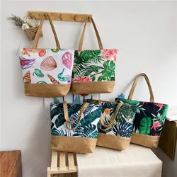 1PCS Fashion Canvas Bag Summer Beach Ladies Printed Shoulder Bag Simple Large Capacity Women Tote Shopping Bag