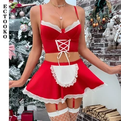 ECTOOKO Christmas Dress-up Festival Red Strap Cross-hanging European and American Sexy Underwear Four-piece Set Female