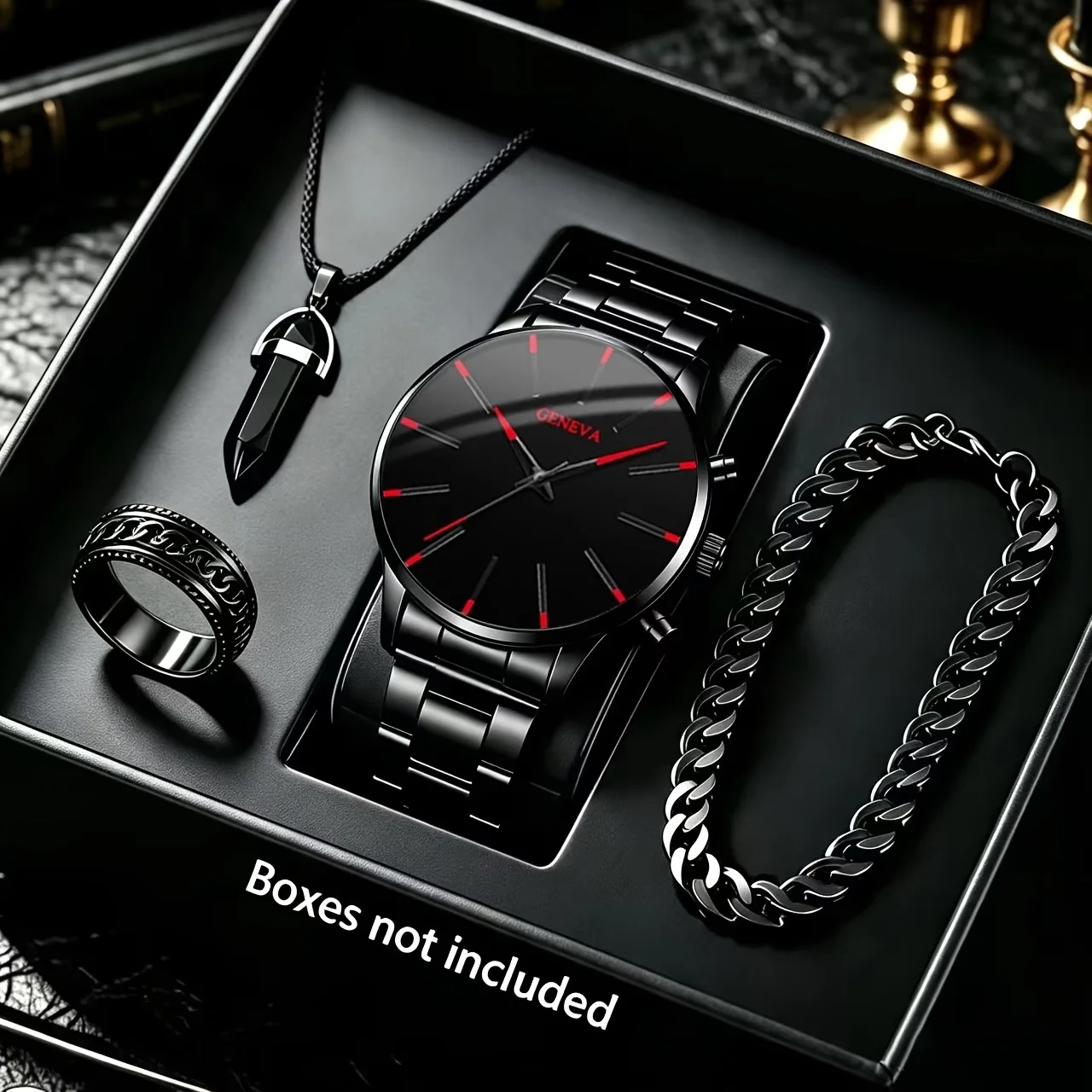4Pcs Luxury Men's Watch and Accessory Set, Business Casual Stainless Steel Watch, Stylish Round Dial, Classic Strap, Perfect Gift for Father's Day, Birthdays, Ramadan, Anniversaries, and Everyday Wear